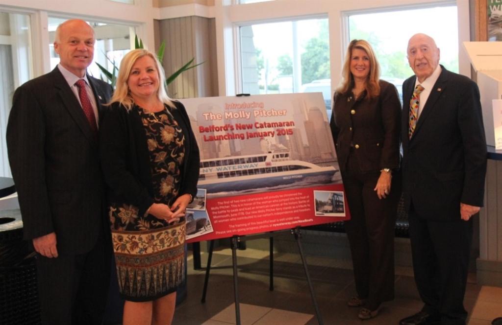 NY Waterway reveals details and new of new Ferry, “Molly Pitcher,” with expected 2014 launch, at Commuter Appreciation Day on Sept. 16, 2014 in Middletown, NJ. Pictured left to right: Freeholder Deputy Director Gary J. Rich, Sr., Monmouth County Administrator Teri O’Connor, Freeholder Serena DiMaso and NY Waterway President & Founder Arthur E. Imperatore.